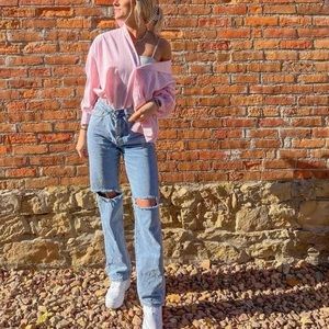 Striped baby pink drop shoulder shirt (M)